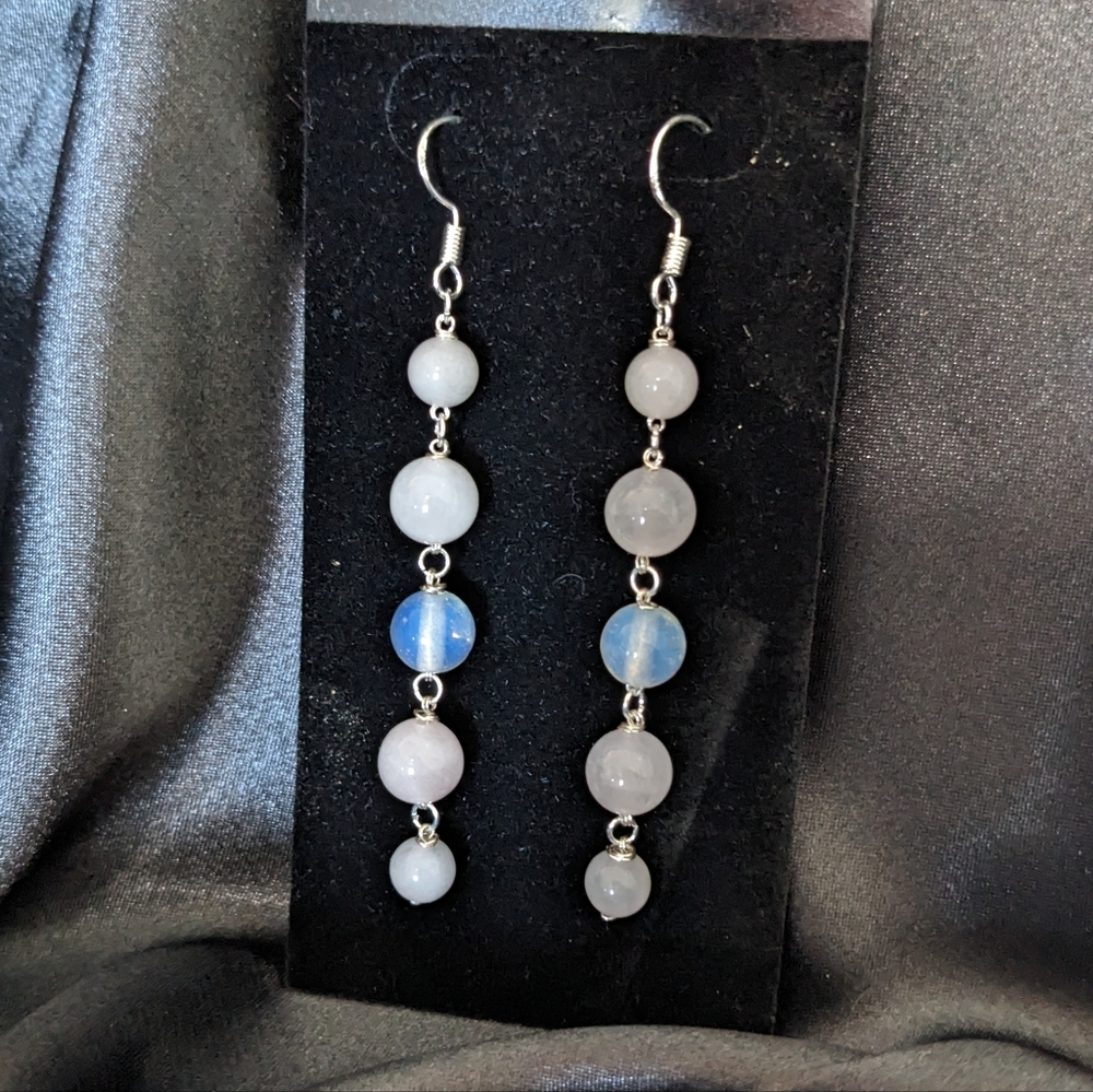 ROSE QUARTZ & MOONSTONE Earrings Dangle Long Handmade Crystal Beads Pink Cute - Picture 6 of 11